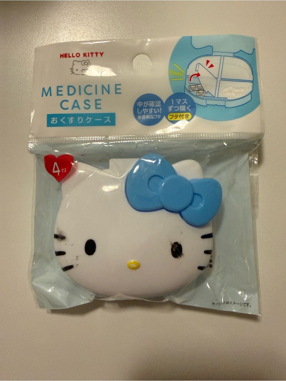 Hello Kitty Sanrio Medicine Case Plastic White/Blue Bow, 4 Pockets Organizer